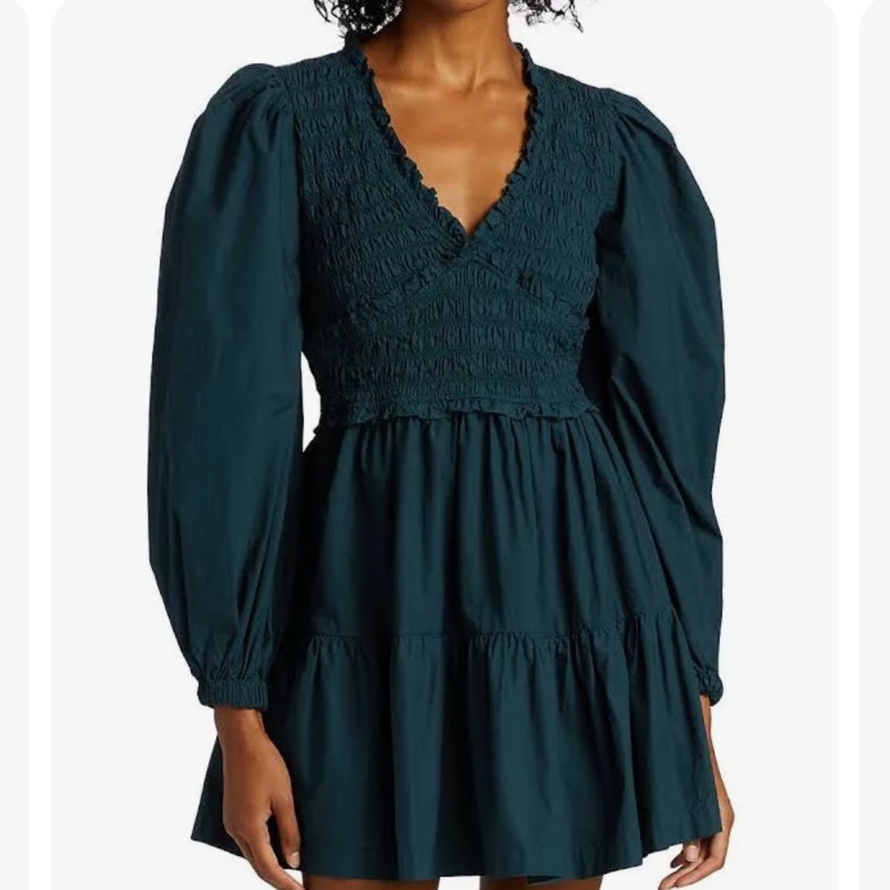 Sea New York Teal Puff-Sleeve Smocked Mini Dress